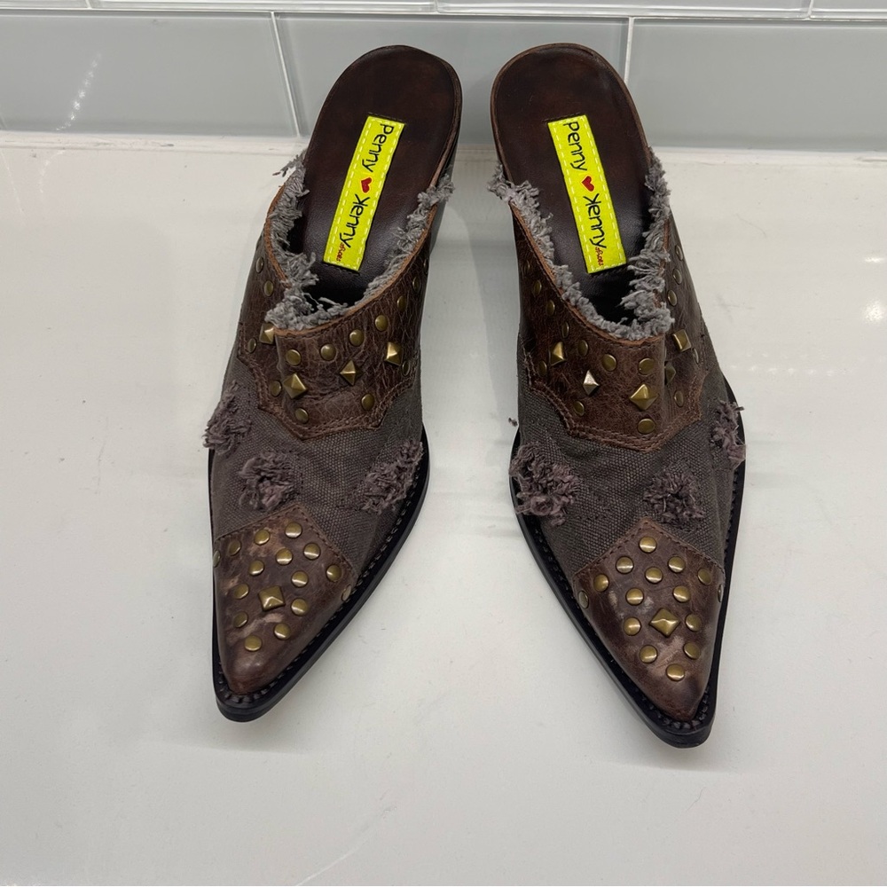 Western Penny Loves Kenny Pony Express Leather W Studs Clogs Mules Shoes Sz 7M
